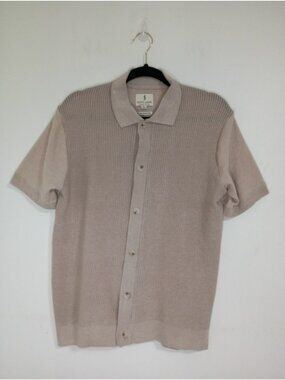 Scott James Men Beige Waffle Knit Button-Up Short-Sleeve Shirt L